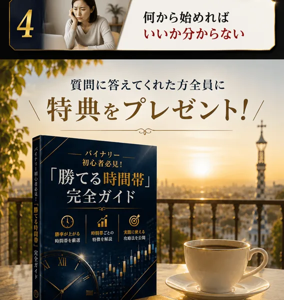 質問に答えてくれた方全員に特典をプレゼントという見出しの下に、バイナリー初心者必見と表紙に書かれた勝てる時間帯完全ガイドという教材の画像が置かれた広告の一部