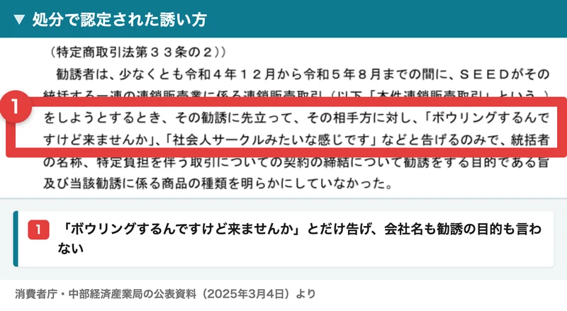 勧誘者は勧誘に先立ってボウリングするんですけど来ませんか、社会人サークルみたいな感じですなどと告げるのみで、会社名や勧誘の目的や商品の種類を明らかにしていなかったと書かれた公表資料