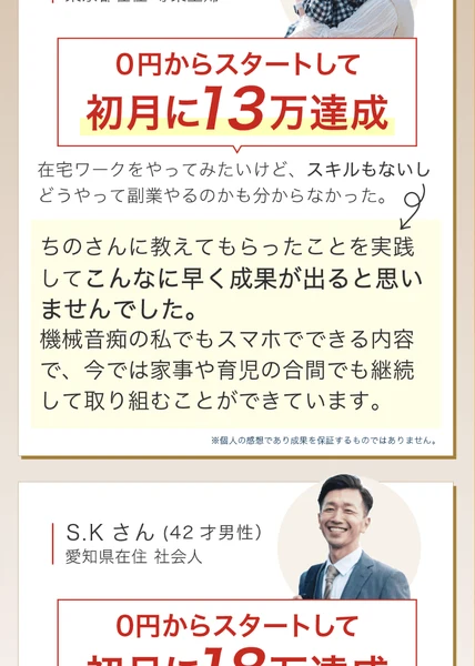 広告に載っている体験談。0円からスタートして初月に13万達成という見出しと、A.Mさん36才女性・東京都在住・専業主婦という紹介、ちのさんに教えてもらったことを実践してこんなに早く成果が出ると思いませんでしたというコメント