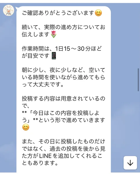 作業時間は1日15〜30分ほどが目安で投稿する内容は用意されていると書かれたメッセージ