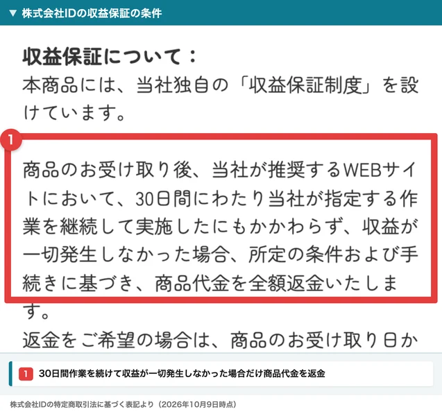 株式会社IDの収益保証。会社がすすめるサイトで30日間作業しても収益がゼロだった場合だけ、商品代金を返すと書かれている