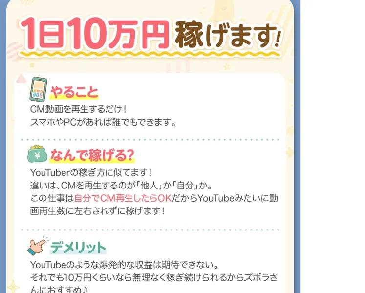 「やること CM動画を再生するだけ!スマホやPCがあれば誰でもできます。」「なんで稼げる?YouTuberの稼ぎ方に似てます!違いは、CMを再生するのが「他人」か「自分」か。この仕事は自分でCM再生したらOKだからYouTubeみたいに動画再生数に左右されずに稼げます!」「デメリット YouTubeのような爆発的な収益は期待できない。」と書かれた説明