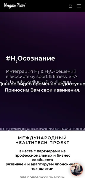 Nagomiflowというロゴの下に、ロシア語で水素とヘルステックについて書かれた海外企業のページが表示されている画面