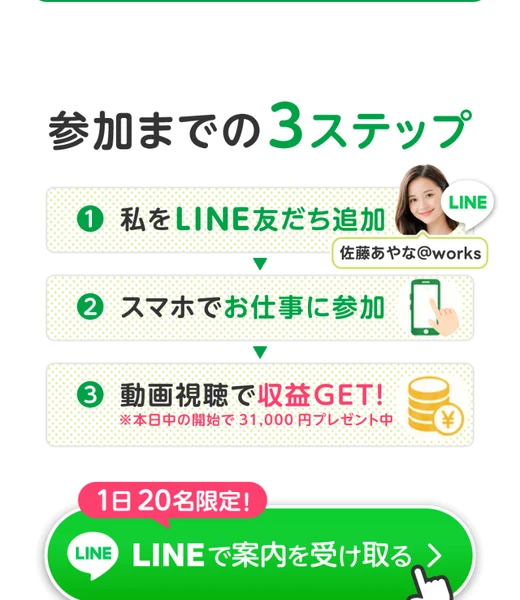 参加までの3ステップという見出しの下に、①私をLINE友だち追加 ②スマホでお仕事に参加 ③動画視聴で収益GET、本日中の開始で31,000円プレゼント中、1日20名限定・LINEで案内を受け取るというボタンが並ぶ画面