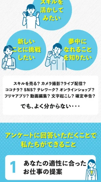 「スキルを活かしてみたい」「新しいことに挑戦したい」「夢中になれることを知りたい」という吹き出しと、アンケートに回答いただくことで私たちができること、という見出しが並ぶページ