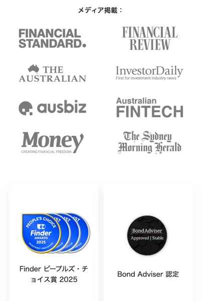 TermPlusの日本語ページのメディア掲載と受賞歴。FINANCIAL STANDARD、THE AUSTRALIAN、Finderピープルズ・チョイス賞2025、Bond Adviser認定などのロゴが並んでいる