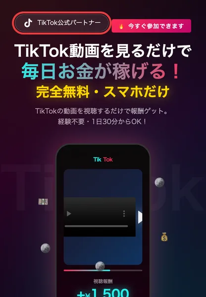 TikTok公式パートナーと書かれたバッジの下に「TikTok動画を見るだけで毎日お金が稼げる！」「完全無料・スマホだけ」という見出しが並ぶ広告ページの冒頭画面