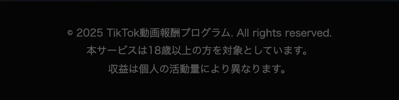 「© 2025 TikTok動画報酬プログラム. All rights reserved.」「本サービスは18歳以上の方を対象としています」とだけ書かれた広告ページの最下部