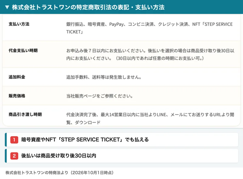 株式会社トラストワンの特定商取引法の表記の支払い方法の欄。銀行振込、暗号資産、PayPay、コンビニ決済、クレジット決済、NFT「STEP SERVICE TICKET」と書かれ、後払いは商品受け取り後30日以内に支払うとなっている