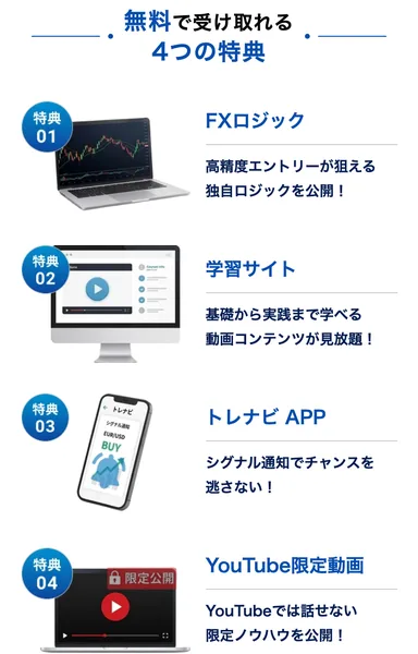 トレナビの広告の無料で受け取れる4つの特典。特典01がFXロジック、特典02が学習サイト、特典03がトレナビAPP、特典04がYouTube限定動画と並んでいる