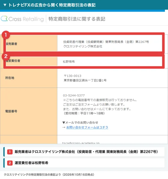 トレナビの広告から開く特定商取引法に関する表記。販売業者は投資助言代理業（投資顧問業）関東財務局長（金商）第2267号クロスリテイリング株式会社、運営責任者は松野有希、所在地は東京都墨田区錦糸と書かれ、2か所が赤枠で囲まれている