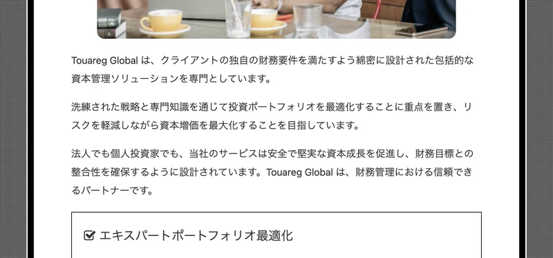 Touareg Globalは、クライアントの独自の財務要件を満たすよう綿密に設計された包括的な資本管理ソリューションを専門としています、と書かれた案内ページの資本管理の説明部分