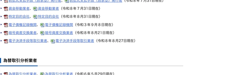 金融庁の免許・許可・登録等を受けている業者一覧のページ。暗号資産交換業者、電子決済手段等取引業者などのPDFとExcelのリンクが並んでいる画面