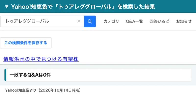 Yahoo!知恵袋でトゥアレググローバルを検索すると、一致するQ&Aは見つかりませんでしたと表示された画面
