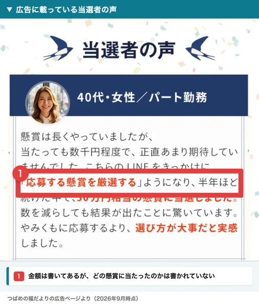 当選者の声という見出しと、40代・女性/パート勤務の証言。懸賞は長くやっていたが当たっても数千円程度だった、このLINEをきっかけに応募する懸賞を厳選するようになり、半年ほど続けた中で30万円相当の懸賞に当選した、と書かれている