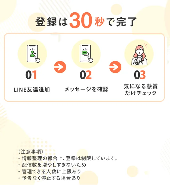 登録は30秒で完了、という見出しとLINE友達追加・メッセージを確認・気になる懸賞だけチェックの3ステップ。注意事項として「情報整理の都合上、登録は制限しています」「管理できる人数に上限あり」「予告なく停止する場合あり」が並んでいる