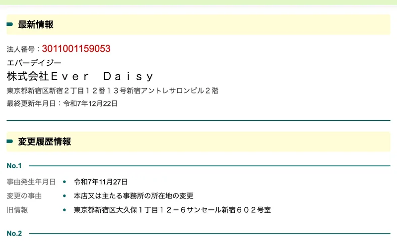 国税庁の法人番号公表サイトの画面。法人番号3011001159053、株式会社Ever Daisy、所在地は東京都新宿区新宿2丁目12番13号新宿アントレサロンビル2階と表示され、変更履歴情報として令和7年11月27日に本店の所在地を変更、旧情報は東京都新宿区大久保1丁目と記載されている