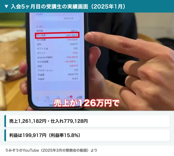 うみぞうの懇親会の動画で、入会5ヶ月目の受講生が見せた2025年1月の実績画面。売上1,261,182円、仕入れ779,128円、利益199,917円、利益率15.8%