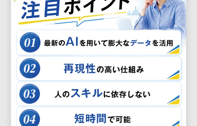 「注目ポイント」として「01 最新のAIを用いて膨大なデータを活用」「02 再現性の高い仕組み」「03 人のスキルに依存しない」「04 短時間で可能」が番号付きで並ぶ申し込みページ