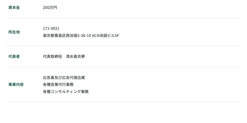 「会社名 株式会社Universe」「設立 2026年4月」「資本金 200万円」「所在地 東京都豊島区西池袋2-36-10 ACN池袋ビル5F」「代表者 代表取締役 清水亜衣夢」と並ぶ公式サイトの企業情報