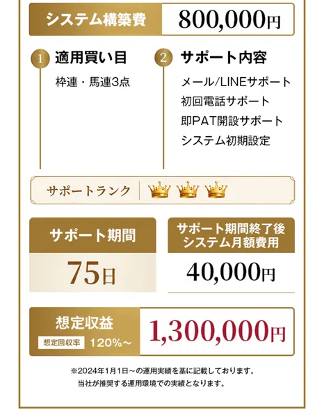 TT-No.6-SYSTEMプランの料金表。システム構築費800,000円、サポート期間75日、月額費用40,000円、想定収益1,300,000円、想定回収率120%〜と書かれている