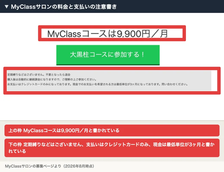 MyClassコースは9,900円/月、定期縛りなどはございません、お支払いはクレジットカードのみ、現金でのお支払いを希望される方は最低単位が3ヶ月と書かれた注意書き