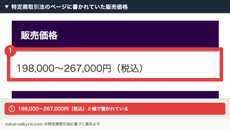 VALKYRIEの特定商取引法のページ。販売価格の欄に198,000〜267,000円（税込）と赤枠付きで記載されている