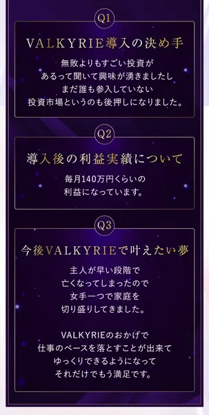 VALKYRIEの申し込みページに掲載された利用者インタビュー。VALKYRIE導入の決め手、導入後の利益実績について、今後VALKYRIEで叶えたい夢という3つの質問に対する回答が並び、毎月140万円くらいの利益になっていますと書かれている