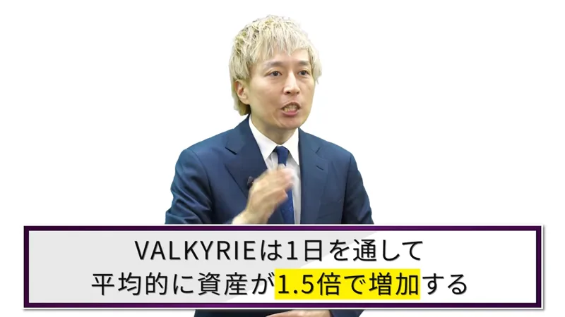 中井耀志の動画の場面。スーツの男性の下に、VALKYRIEは1日を通して平均的に資産が1.5倍で増加すると書かれた字幕が出ている