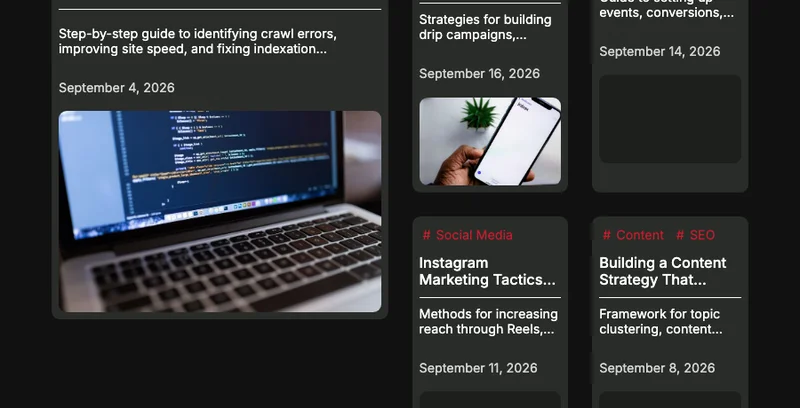 英語サイトの記事一覧。Instagram Marketing Tactics（September 11, 2026）、Building a Content Strategy That...（Framework for topic clustering, content...・September 8, 2026）などの記事カードが並んでいる