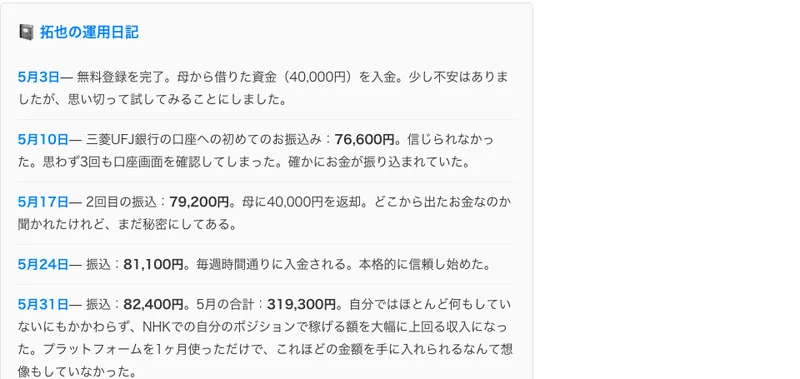記事内の運用日記。NHKカメラアシスタントの山本拓也が、5月3日に40,000円を入金し、5月10日に76,600円、5月17日に79,200円、5月24日に81,100円、5月31日に82,400円が振り込まれたと書いている