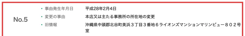 事由発生年月日は平成28年2月4日、変更の事由は本店又は主たる事務所の所在地の変更、旧情報は沖縄県中頭郡北谷町美浜のマンション802号室と記載された国税庁法人番号公表サイトの変更履歴。赤枠で囲まれている
