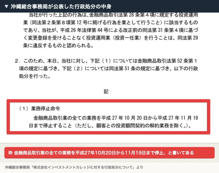 沖縄総合事務局の公表文書。(1)業務停止命令として、金融商品取引業の全ての業務を平成27年10月20日から平成27年11月19日まで停止すること、ただし顧客との投資顧問契約の解約業務を除くと記載されている