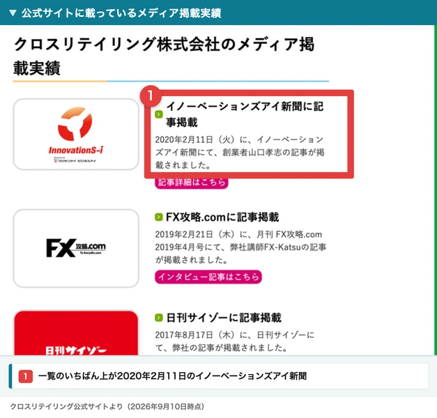 クロスリテイリング株式会社のメディア掲載実績として、2020年2月11日のイノーベーションズアイ新聞、2019年のFX攻略.com、2017年の日刊サイゾーが並んでいる公式サイトの一覧