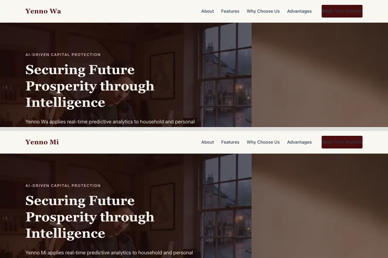 上下2つのページ。写真も見出しのSecuring Future Prosperity through Intelligenceも、上のメニューもボタンもまったく同じで、左上のロゴだけがYenno WaとYenno Miに分かれている