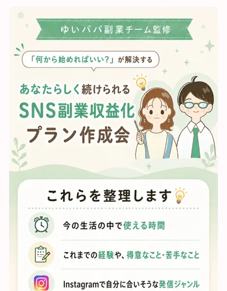 ゆいパパ副業チーム監修、あなたらしく続けられるSNS副業収益化プラン作成会と書かれた見出しと、使える時間や経験を整理しますという案内