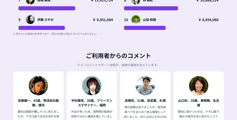 ご利用者からのコメントという見出しの下に、佐藤健一42歳物流会社勤務横浜、中村美咲36歳フリーランスデザイナー福岡など4人の顔写真と感想文が並んでいる