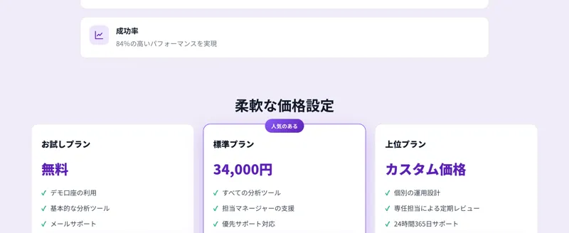 柔軟な価格設定という見出しの下に、お試しプラン無料、標準プラン34,000円、上位プランはカスタム価格と3つのカードが並んでいる