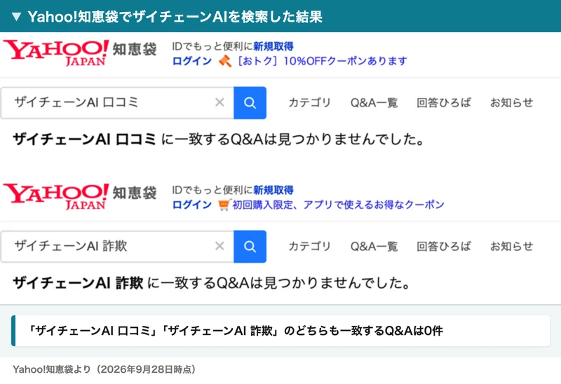 Yahoo!知恵袋でザイチェーンAI 口コミとザイチェーンAI 詐欺を検索した結果。どちらも一致するQ&Aは見つかりませんでしたと表示されている