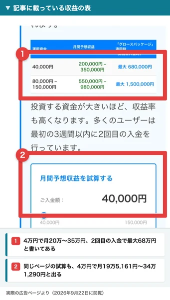 運用資金4万円のとき月間予想収益20万〜35万円・グロースパッケージ適用時は最大68万円と書かれた表と、入金額4万円で予想月間収益19万5,161円と出る試算ツール