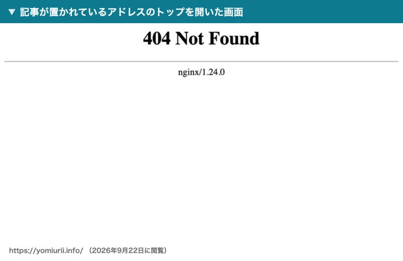 「404 Not Found」という文字と、その下にnginx/1.24.0とだけ表示された真っ白な画面