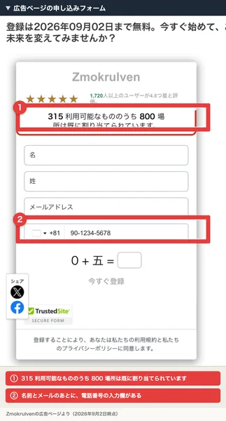 Zmokrulvenの広告ページの申し込みフォーム。315 利用可能なもののうち 800 場所は既に割り当てられていますという赤枠の表示があり、その下に名前、姓、メールアドレス、電話番号の入力欄が並んでいる