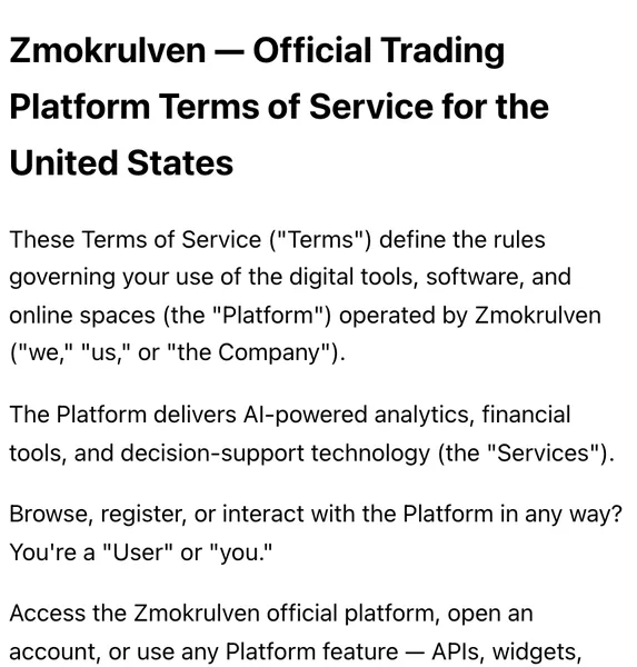 Zmokrulvenの利用規約ページ。日本語を選択しているのに、Zmokrulven Official Trading Platform Terms of Service for the United Statesという英語の見出しと英文が表示されている