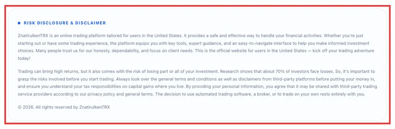 公式サイトの一番下のリスクの注意書き。アメリカの利用者向けのプラットフォームと書かれ、投資家の約70%が損失を経験している、個人情報は第三者の取引サービス業者と共有されることに同意したものとみなすと英語で書かれている