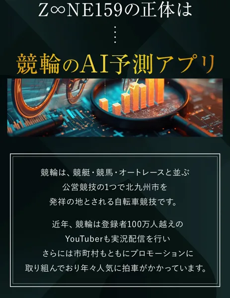 ZONE159の募集ページ。Z∞NE159の正体は競輪のAI予測アプリ、競輪は競艇・競馬・オートレースと並ぶ公営競技の1つと書かれている