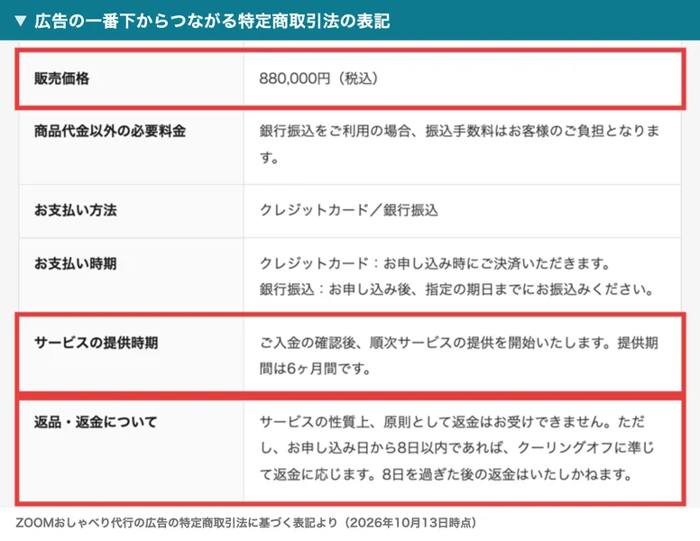 ZOOMおしゃべり代行の広告からつながる特定商取引法に基づく表記。販売価格は880,000円（税込）、サービスの提供期間は6ヶ月間、返品・返金は原則としてお受けできない、ただしお申し込み日から8日以内であればクーリングオフに準じて返金に応じると書かれている